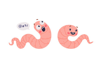 Funny Pink Worm Character with Long Tube Body Crawling and Shouting with Fear Vector Set