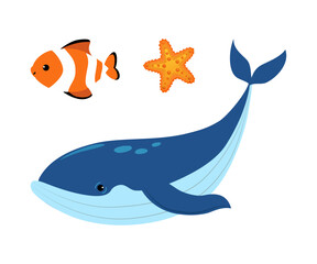 Starfish, Fish and Whale as Sea Animal Floating Underwater Vector Set