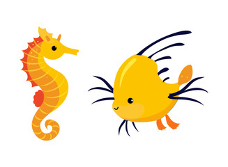 Seahorse and Fish as Sea Animal Floating Underwater Vector Set