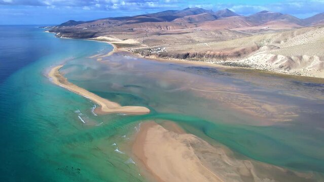 Fuerteventura sea scenery aerial drone view. Best scenic beaches and famous sport for windsurfing and kitesurfing Sotavento in south. view of lagoon .Canary islands