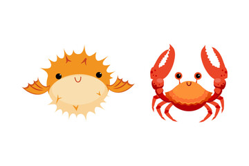 Crab and Blowfish as Sea Animal Floating Underwater Vector Set
