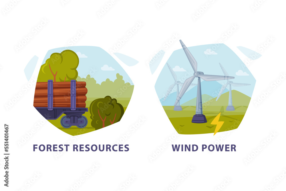 Wall mural Natural Resource with Forest and Wind Power Hexagonal Shape Picture Vector Set