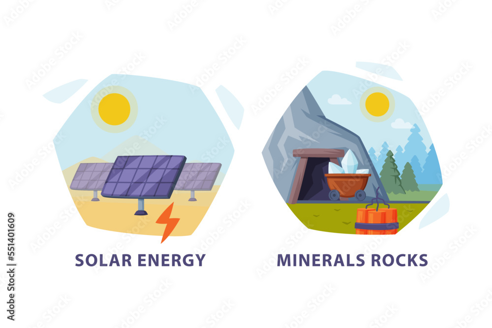 Sticker natural resource with solar energy and minerals rock hexagonal shape picture vector set