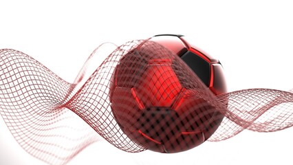 Black-red soccer ball with red mathematical geometric grid line wave under white-black background. Conceptual 3D CG of sports technology, strategic ideas and intellectual analysis of operations.
