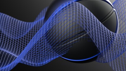 Black-blue basketball with blue mathematical geometric grid line wave under white-black background. Concept 3D CG of sports technology, strategic ideas and intellectual analysis of operations.