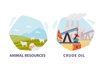 Naklejka premium Natural Resource with Crude Oil and Animals Hexagonal Shape Picture Vector Set