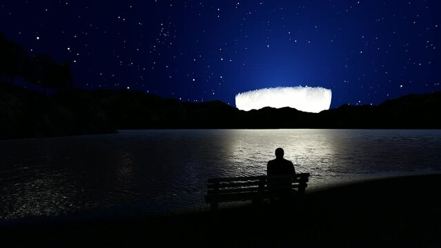 One man on the bank of the river at night on a full moon.3D Render