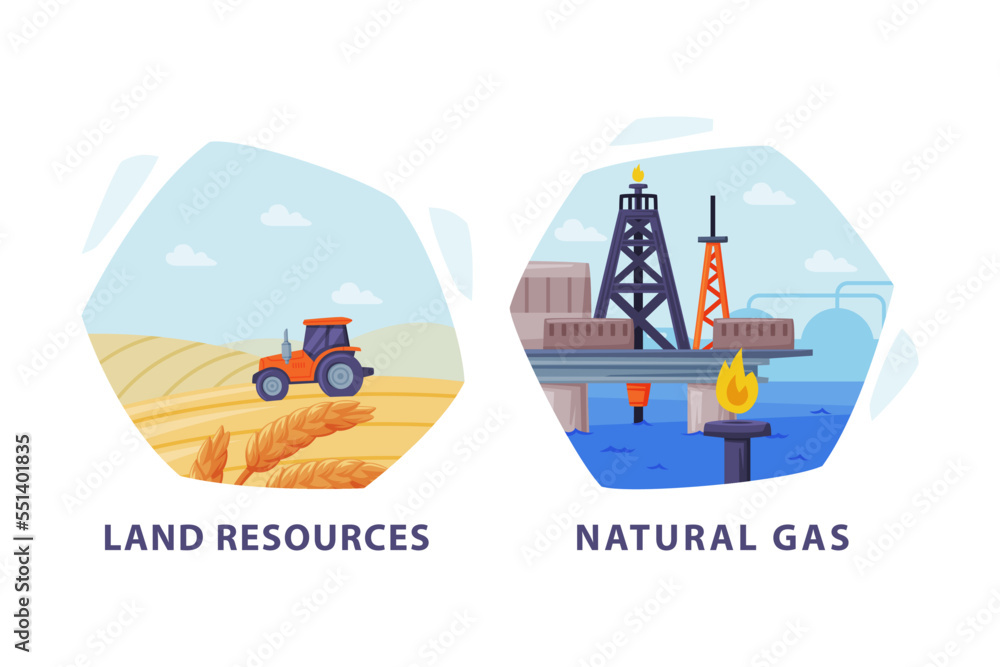 Poster natural resource with land and natural gas hexagonal shape picture vector set