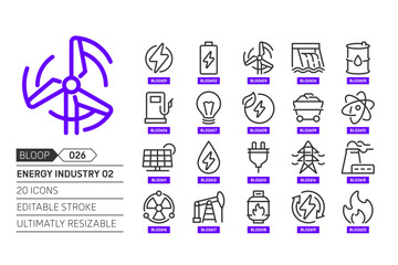 Energy industry 02 related, pixel perfect, editable stroke, up scalable, line, vector bloop icon set.