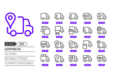 Shipping 03 related, pixel perfect, editable stroke, up scalable, line, vector bloop icon set.