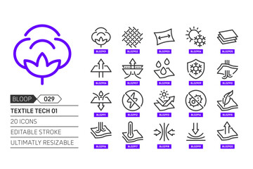 Textile tech 01 related, pixel perfect, editable stroke, up scalable, line, vector bloop icon set.