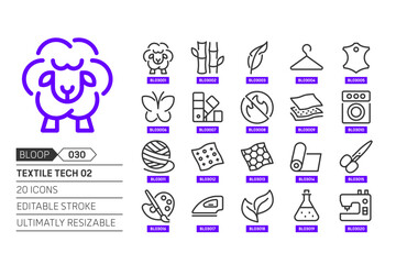 Textile tech 02 related, pixel perfect, editable stroke, up scalable, line, vector bloop icon set.
