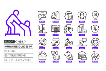 Human resources 08 related, pixel perfect, editable stroke, up scalable, line, vector bloop icon set.
