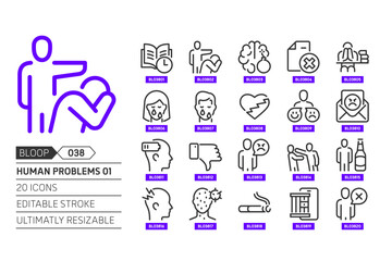 Human problems 01 related, pixel perfect, editable stroke, up scalable, line, vector bloop icon set.