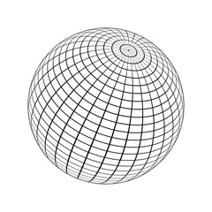 3D sphere wireframe icon. Orb model, spherical shape, grid ball isolated on white background. Earth globe figure with longitude and latitude, parallel and meridian lines