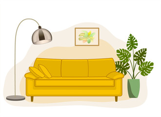 Cozy living room interior with a yellow sofa, a floor lamp and a house plant. Trendy contemporary interior design in yellow colors. Cartoon vector illustration