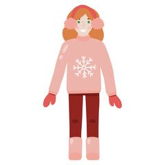 Woman in knitted sweater, mittens and earmuffs, outdoor winter activity, vector