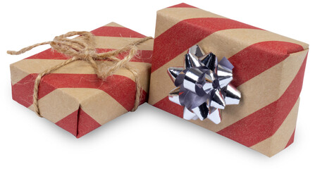 Two craft presents in red striped wrapping paper, silver bow and craft string