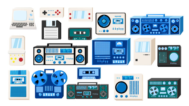 Set of old retro vintage isometry tech electronics: cassette audio tape recorder, computer, game consoles for video games from the 70s, 80s, 90s. Vector illustration