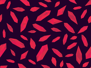 Viva magenta crystals seamless pattern. Rough diamonds and minerals in trendy colors. Precious stones on a black background. Design for promotional products, posters and banners. Vector illustration