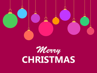 Merry Christmas. Hanging Christmas balls on a viva magenta background. Xmas design for greeting card, invitation and banner. Vector illustration