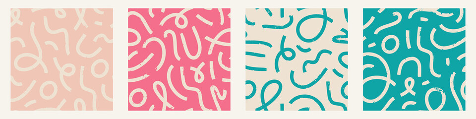 Set of Aesthetic Contemporary printable seamless pattern with abstract Minimal elegant line brush stroke shapes and line in retro colors.