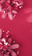 Fototapeta na wymiar Viva Magenta color of the year 2023. Christmas banner, background for social media. Flat lay with fir twigs, poinsettia and Xmas decorations on dark red burgundy background.