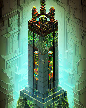 Ancient Green Warrior Tower - Isometric Ornamental Art
