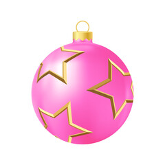 Pink Christmas tree toy with golden stars Realistic color illustration