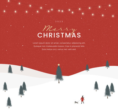 Merry christmas and Happy new year banner. Winter landscape, Falling snow and little girl, Poster, Greeting card, Flyer, Header for website. Hand drawn style. Trendy flat design vector illustration.