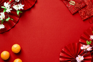 Happy Chinese New Year. Traditional holiday lunar New Year decorations, oriental asian paper fans,...