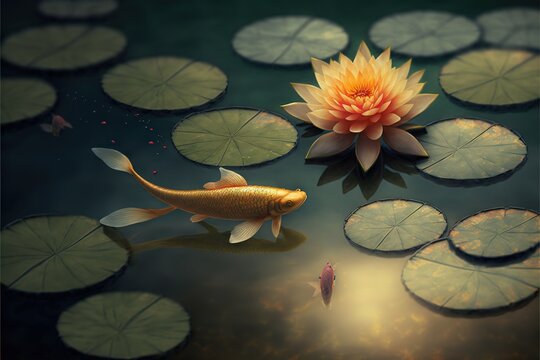 A golden fish swimming in a clear pond surrounded by colorful lotus flowers.