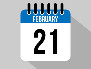 21 february calendar vector icon. Blue february date for the days of the month and the week on a light background