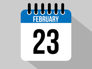 23 february calendar vector icon. Blue february date for the days of the month and the week on a light background
