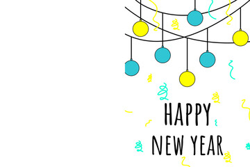 Happy new year greeting card with yellow and blue bulbs