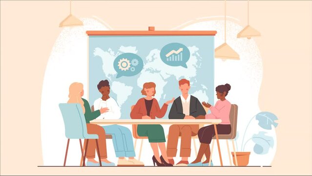 Business meeting partners. Moving poster with male and female entrepreneurs sitting at table and discussing project. Collaboration and brainstorming. Report analysis. Flat graphic animated cartoon