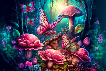 Magical fantasy mushrooms in enchanted fairy tale dreamy elf forest with fabulous fairytale blooming pink rose flower and butterfly on mysterious background - obrazy, fototapety, plakaty