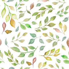 Watercolor seamless pattern with abstract  leaves, branches. Hand drawn floral illustration isolated on white background. For packaging, textile, wall paper, wrapping design or print. Vector EPS.