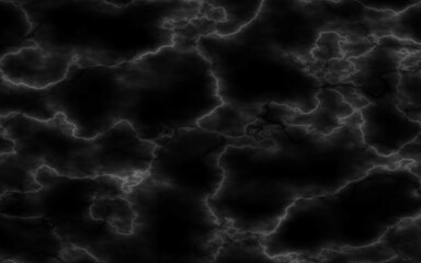 Black marble stone texture background. Abstract white electric lightning, thunderbolt strike and thunderstorm on black background.