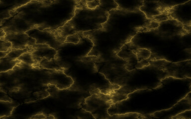 Black marble stone texture background. Abstract yellow electric lightning, thunderbolt strike and thunderstorm on black background.