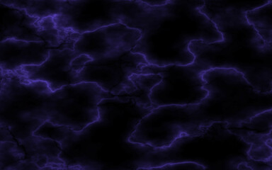 Black marble stone texture background. Abstract purple electric lightning, thunderbolt strike and thunderstorm on black background.