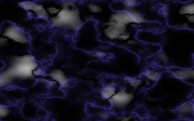 Black marble stone texture background. Abstract purple electric lightning, thunderbolt strike and thunderstorm on black background.