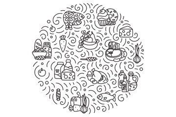Round composition of food products in doodle style