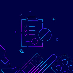 Prescription, tablet recipe gradient line vector icon, simple illustration on a dark blue background, medicine, treatment related bottom border.
