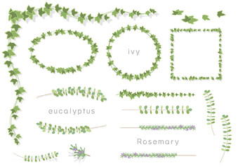 蔦や葉っぱのベクターイラストのフレームセット（アイビー、ユーカリ、ローズマリー）