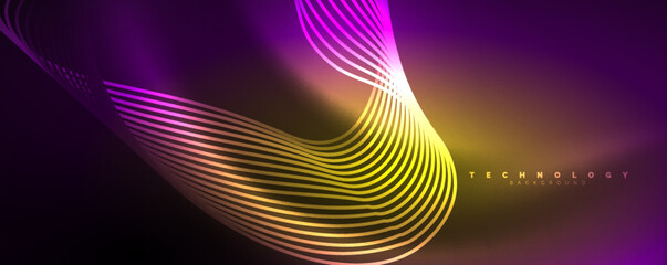 Shiny neon waves, dynamic electric motion, energy or speed concept. Vector illustration for wallpaper, banner, background, leaflet, catalog, cover, flyer