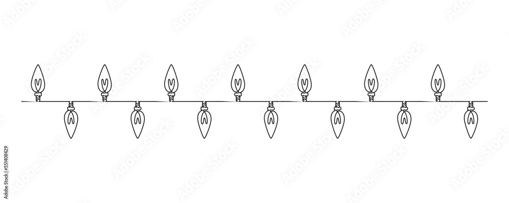 Poster One continuous line drawing of Christmas garland with light bulbs. Festive festoon xmas string and divider border in simple linear style. Editable stroke. Doodle vector illustration