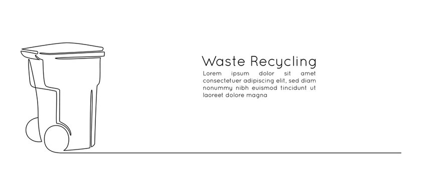 One continuous line drawing of garbage container. Plastic recycle waste dustbin in simple linear style. Trash box with close lid and empty space in editable stroke. Outline vector illustration