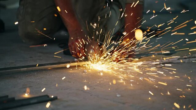 スチールフレームを電動丸ノコで切断する職人