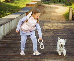 Animal friendship and happy childhood concept. A girl with pigtails plays with a small white dog and smiles happily.